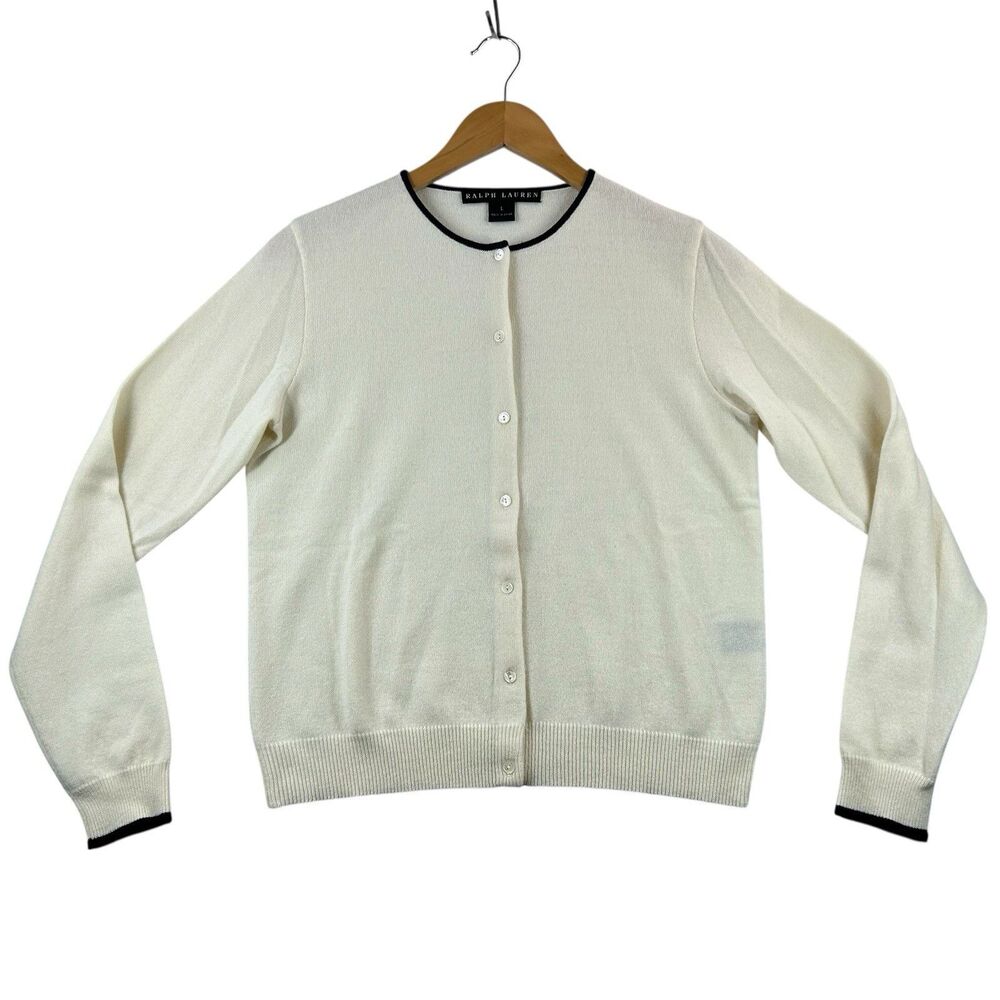 Ralph Lauren Black Label Cashmere Crewneck Cardigan Women's Sz L Ivory Blue Trim